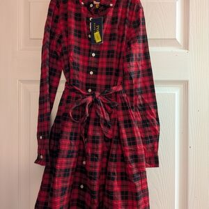 Polo by Ralph Lauren Red and Black Long Sleeve A-Line Dress